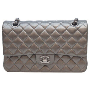 CHANEL A01112 Gray Metallic Silver Hardware Lambskin Double Flap Matelassé 25...